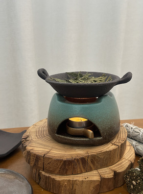 手作日式粗陶复古香薰炉可干烧植物雪松烘烤炉桌面摆件烤茶扩香炉