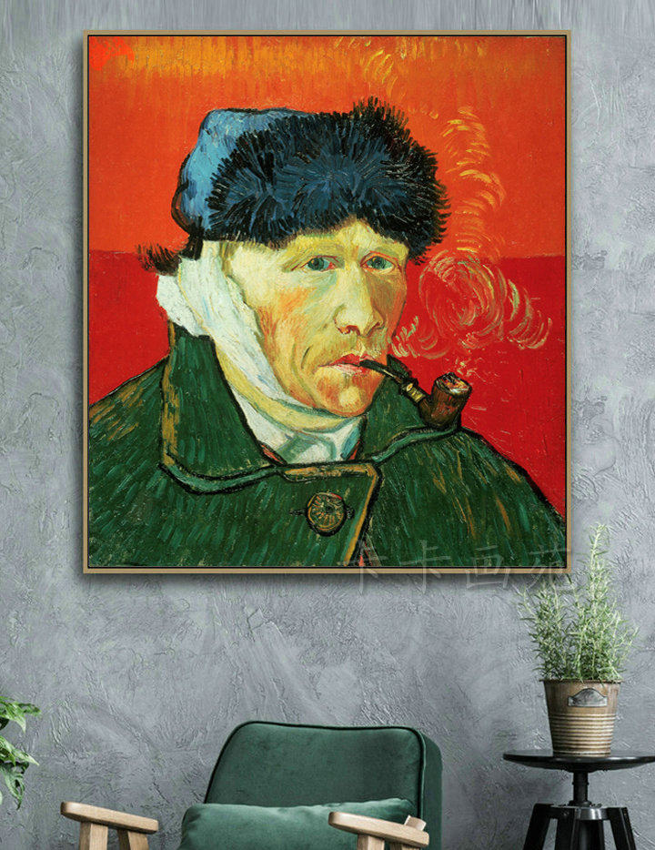 世界名画梵高叼烟斗的自画像 卧室客厅餐厅挂画墙画人物油画喷绘