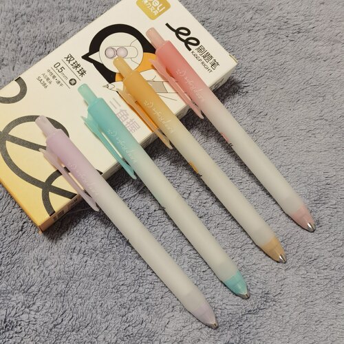 得力秋季新品硅胶软握AS双珠笔尖速干学霸刷题笔果冻色高颜值黑笔