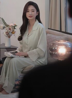 糟糕大馋丫头心声藏不住啦白依珊同款绿色荷叶边长袖睡衣两件套