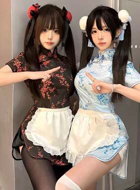 中华小厨娘 洛丽塔日系Lolita女仆围裙COS服新中式旗袍连衣裙套装