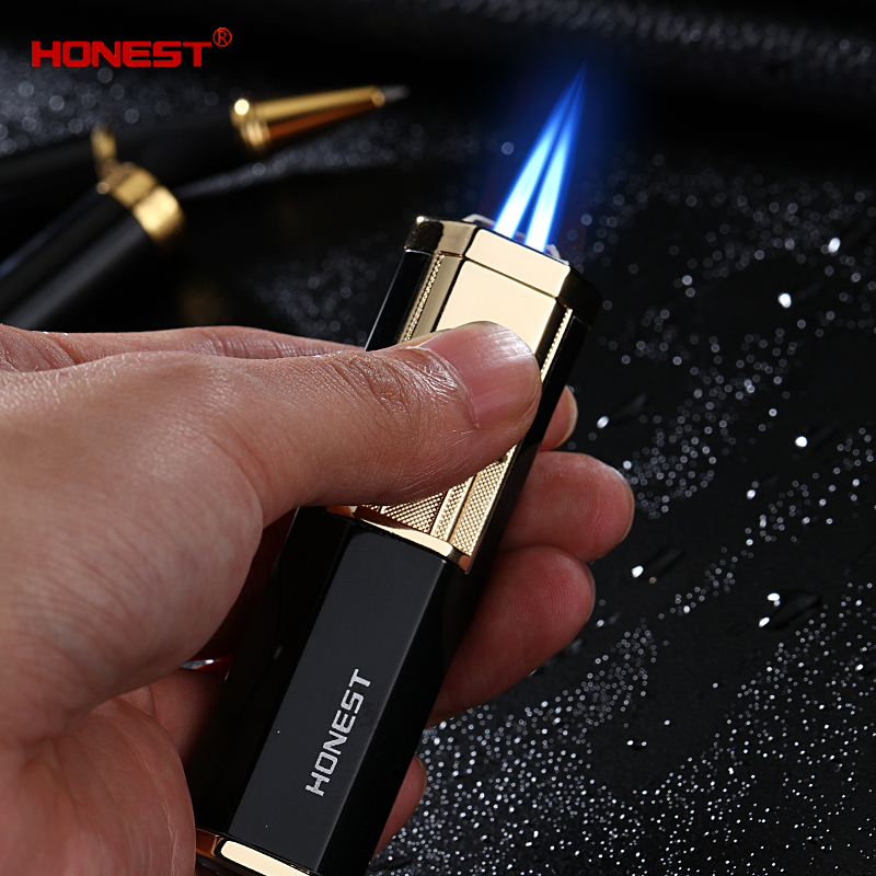 HONEST百诚防风打火机充气创意双火交叉直冲蓝焰个性男点雪茄火机