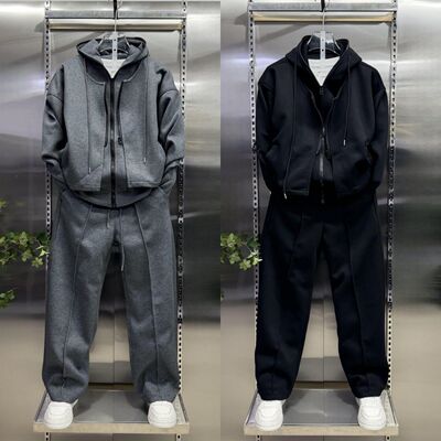 秋冬加厚美式假两件休闲套装时尚宽松连帽卫衣直筒裤两件套男穿搭