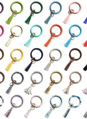 圣诞新款PU手环亚马孙跨境流苏手镯钥匙扣豹纹太阳花蛇纹手圈