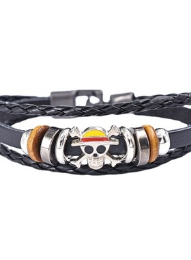 Temu热卖欧美流行动漫周边海贼王款皮革手链学生锌路飞皮手链合金