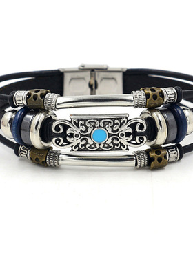 Temu热卖DIY手工编织皮绳手链复古合金多层串珠手镯情侣饰品