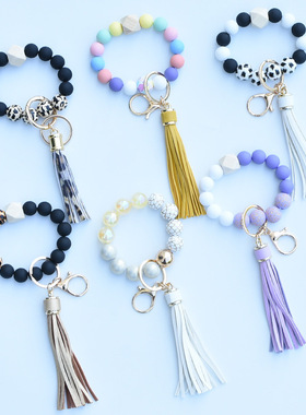 跨境串珠手串钥匙扣创意木珠手环个性彩色硅胶珠流苏包包吊坠