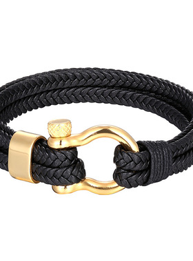 亚马逊外贸欧美手链男真皮编织钛钢手环马蹄扣不锈钢饰品手链手镯