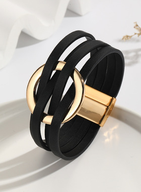 跨境新品交叉皮革女士手链金属大圆环袖口手镯多层腕带磁扣手镯