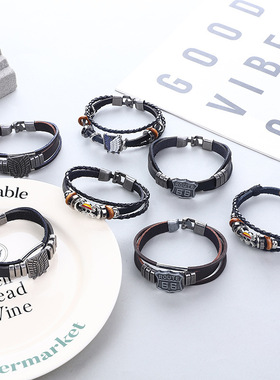 Temu动漫周边进击巨人海贼王骷髅头朋克手镯66号男士复古手链