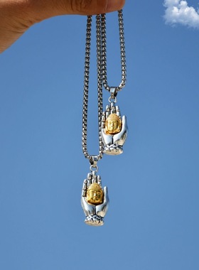 复古掌心佛项链男女本命佛守护神佛手如来佛头合金吊坠个性毛衣链