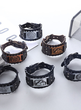 北欧复古维京小兔子狼头手环挪威雷神幸运兔手链头层皮手镯