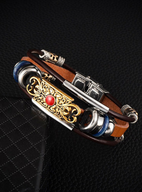 少数民族新疆手工编织复古皮手环合金黑胆石串珠手链复古镶嵌宝石