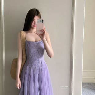 海边度假仙女裙紫色网纱吊带蕾丝拼接多层连衣裙S9035