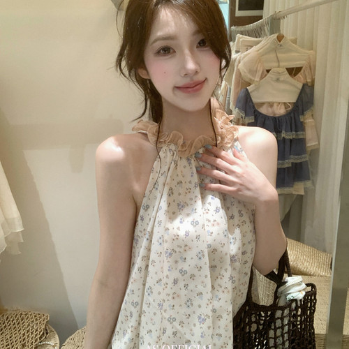 自带度假滤镜～挂脖花边设计碎花小衫(单卖小衫)2813