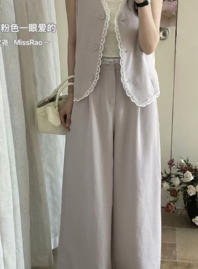 韩系新高级感重工蕾丝拼接马甲+阔腿休闲裤套装62271