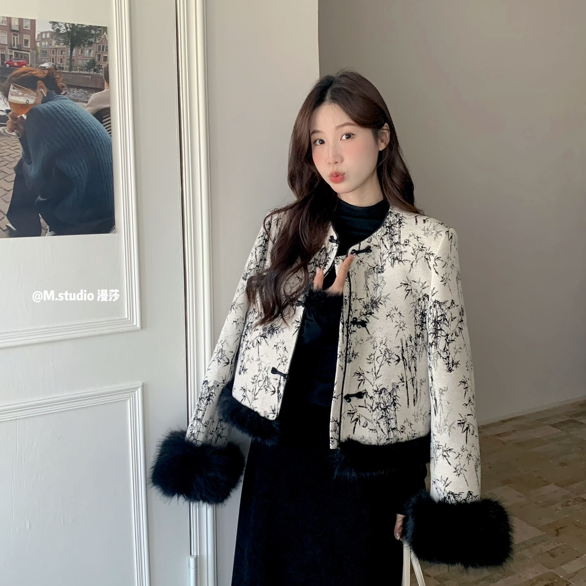 年货新中式国风新年款撞色竹子保暖羽绒服外套