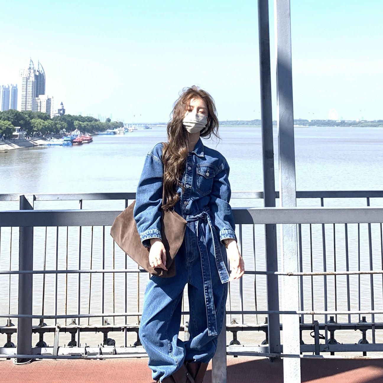 甜酷韩版牛仔连体衣显瘦连体裤长裤子连体裤(配腰带)