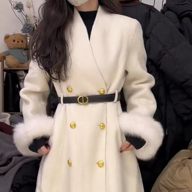 韩国定制法式大牌系腰带羊毛澳毛外套(配毛领狐狸毛真毛可拆卸）
