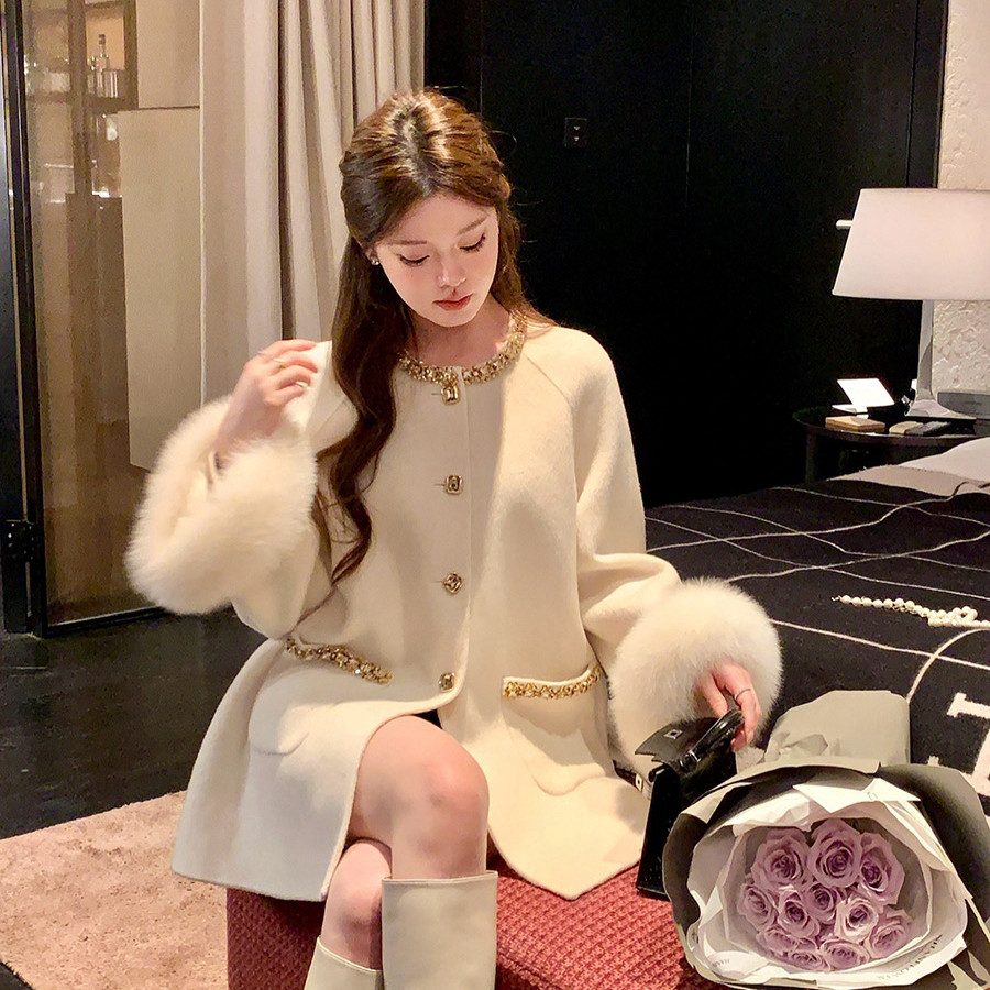 韩国定制千金小香风重工圆领澳毛羊毛外套(配毛领狐狸毛真毛)