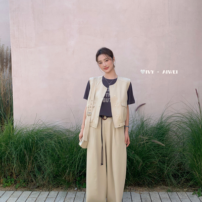 韩系简约宽松阔腿休闲裤(配腰带)83385