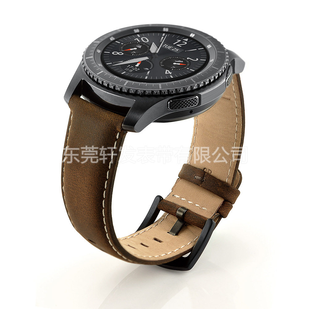 适用三星gear s3手表带疯马牛皮真皮手表带平头手表表带真皮智能
