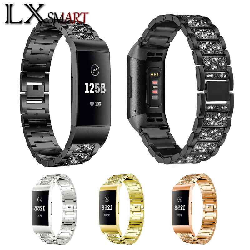 适用fitbit charge3/4/5智能手表镶钻金属合金钢带fitbit满钻表带