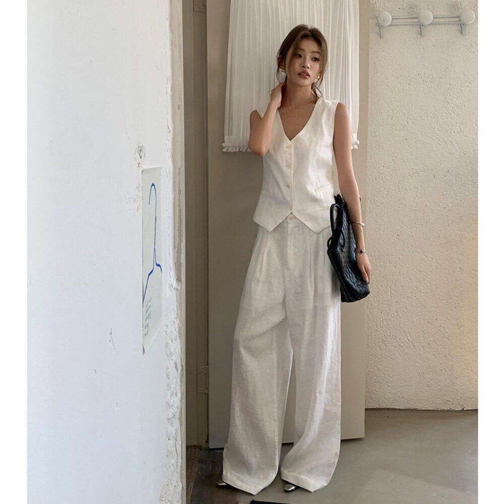 辣妹现货2026春款马甲V领上衣女宽松阔腿裤长裤慵懒气质两件套装
