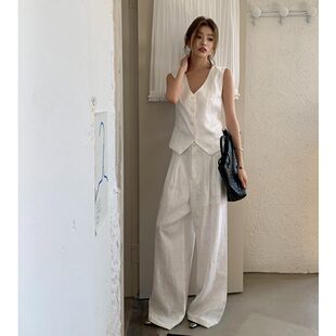 辣妹现货2026春款马甲V领上衣女宽松阔腿裤长裤慵懒气质两件套装