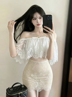 夏季女巨好看漂亮两件套装纯欲风又甜又辣蕾丝上衣高腰包臀短裙子