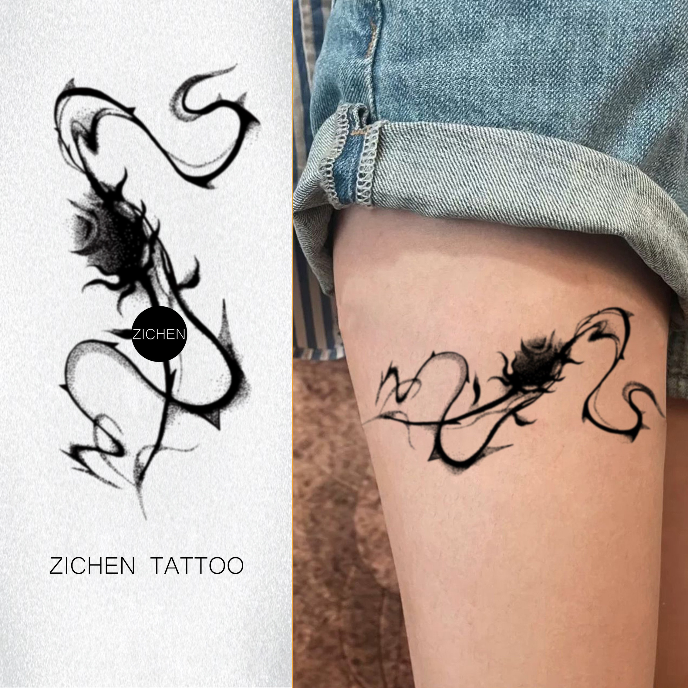 zichen 玫瑰荆棘花臂烟雾意识流线条原创草本纹身贴持久防水女