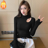 女秋冬新款 镂空半高领辣妹长袖 打底衫 加绒T恤设计感小众紧身上衣