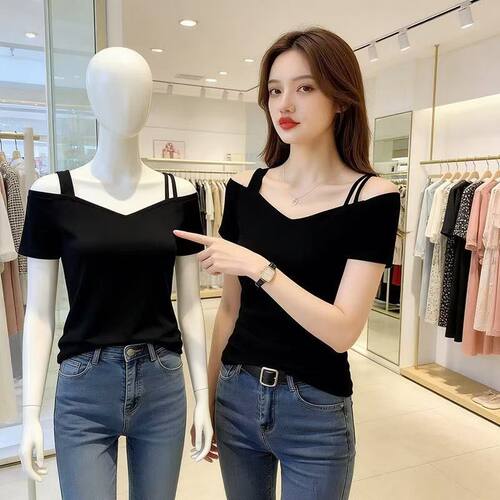 夏季一字肩露肩V领显瘦短袖T恤女