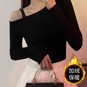 斜肩打底衫 黑色一字肩上衣女秋季 辣妹锁骨设计感小众长袖 露肩T恤
