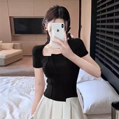 打底衫 女纯棉夏装 短款 短袖 小众方领t恤美式 复古鱼骨性感别致上衣