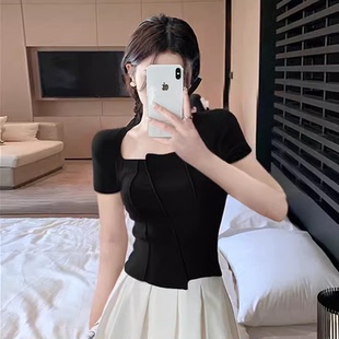 短款 短袖 女純棉夏裝 小眾方領(lǐng)t恤美式 打底衫 復(fù)古魚骨性感別致上衣