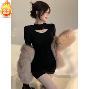 默谚馨长袖黑色镂空连衣裙子女2025秋冬装新款性感修身辣妹裙包臀