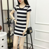 t恤女显瘦打底衫 2025夏装 上衣潮 百搭中长款 包臀条纹短袖 新款 韩版