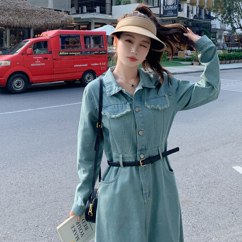 毛边牛仔连衣裙带腰带295-866-P125-k178,女装连衣裙,浙宝295