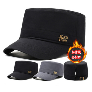 JEEP后封口平顶帽男士加绒秋冬户外防风保暖中老年大头围鸭舌帽子