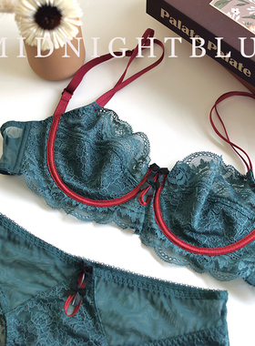 M.B欧美撞色超薄透明双排扣性感蕾丝内衣内裤大胸显小文胸套薄棉