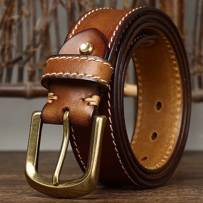 3.8宽韩版时尚潮流复古百搭头层牛皮皮带男真皮针扣青年休闲牛仔