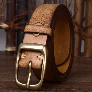 3.3超级褶皱皮带头层牛皮针扣简约休闲真皮腰带复古牛仔裤 带男士