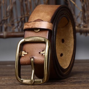 3.8CM美式 休闲牛仔腰带 复古做旧褶皱皮带男真皮针扣头层牛皮韩版