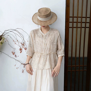 园园美衣夏季新款苎麻烧花宽松衬衫七分袖甜美娃娃衫拼接上衣女