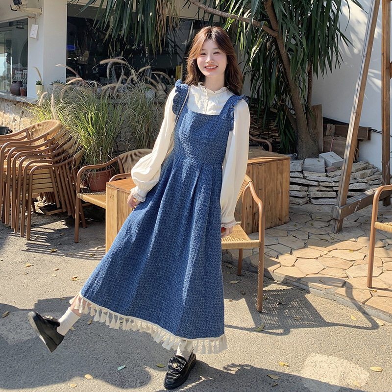 园园美衣2026秋季新款女装背带裙套装百搭木耳边衬衫背带裙两件套