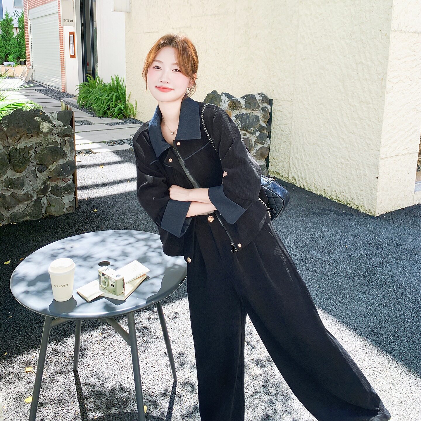 园园美衣2026秋季新款女装有货】雪尼尔条绒拼接牛仔裤子两件套pk