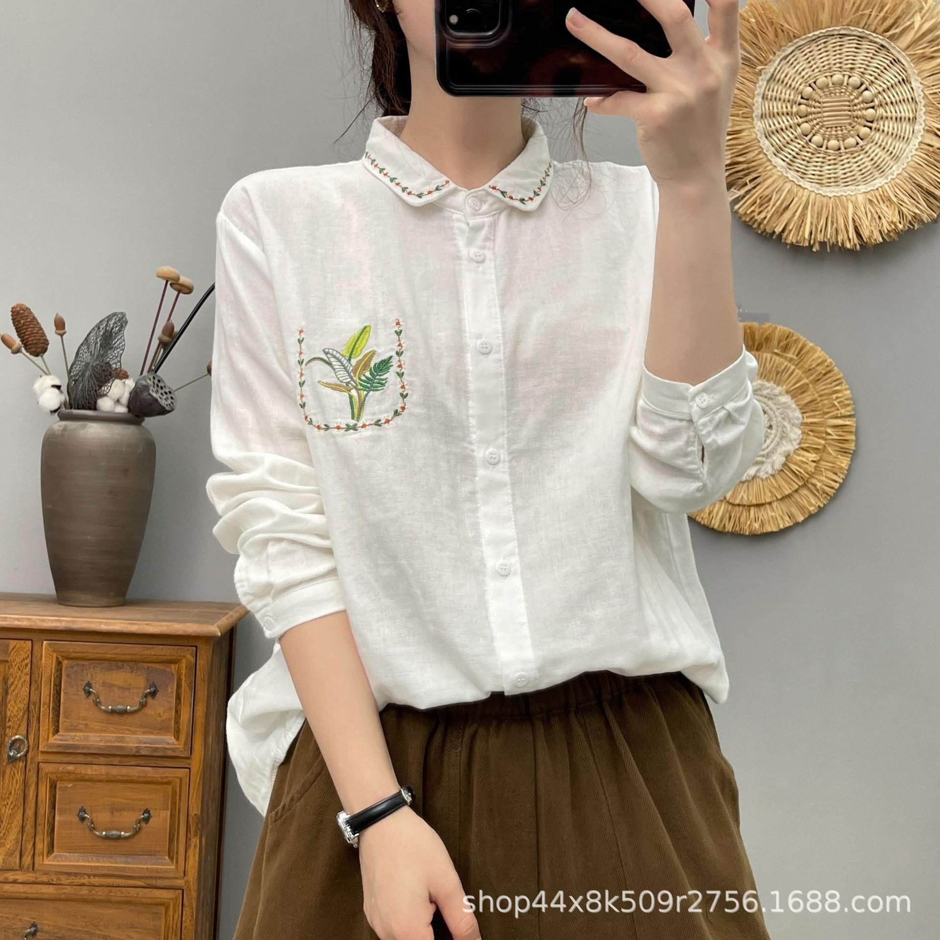 园园美衣衬衫女25秋新款刺绣树叶口袋双层棉纱长袖休闲显瘦衬衣