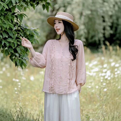 园园美衣装夏季苎麻七分袖苎麻衬衫女高档轻薄V领刺绣宽松上衣女