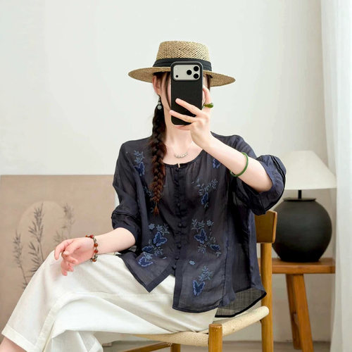 园园美衣新款新中式刺绣苎麻衬衫女文艺复古宽松圆领百搭开衫上衣